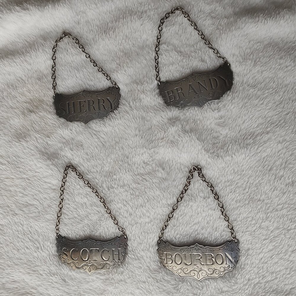 Set of 4 Vintage Kirk Stieff Pewter Liquor Bottle Decanter Labels Tags